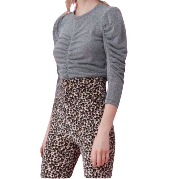 Rebecca Taylor Lurex Metallic Silver. Ruched 3/4 Puff Sleeve Blouse. Medium NWOT - Picture 5 of 8